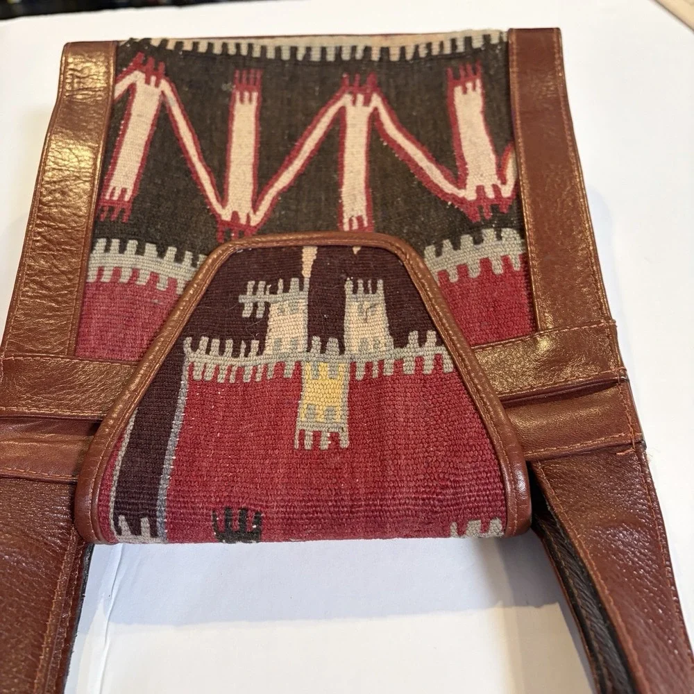VTG YUN ART Turkish Kilim Wool Rust-Tan Leather Shoulder Bag Purse Boho Hobo